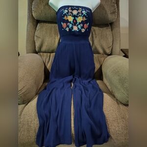 Bohemian Miami Jumpsuit Strapless Flowers Embroidery Blue Gauze Romantic Sexy XS